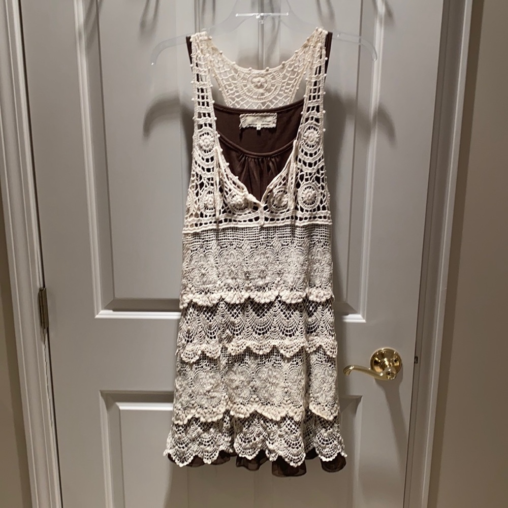 medium brown under dress with tan sweater pattern on top, super cute and unique